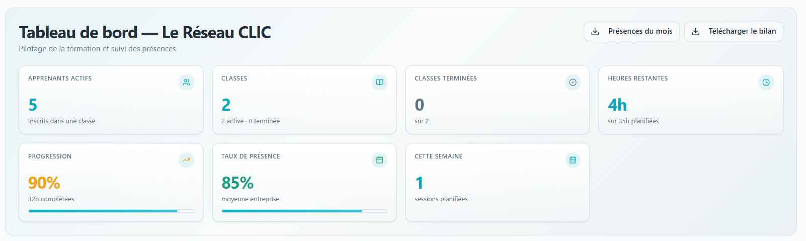 Plateforme CLIC - gestion des présences et progression